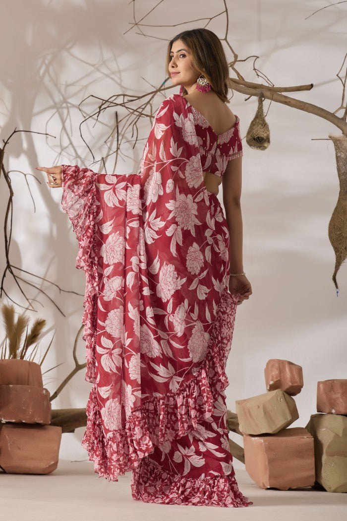 Gulmarg Rosé Ruffle Printed Saree Set
