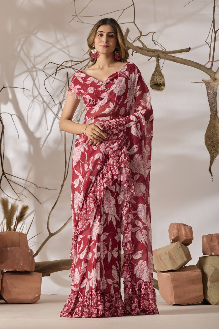 Gulmarg Rosé Ruffle Printed Saree Set