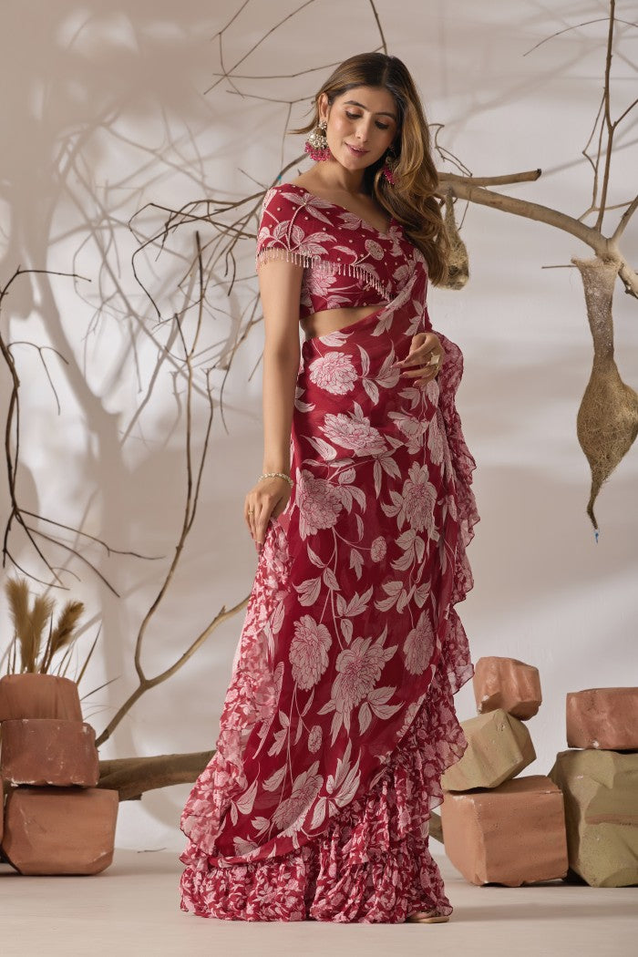 Gulmarg Rosé Ruffle Printed Saree Set