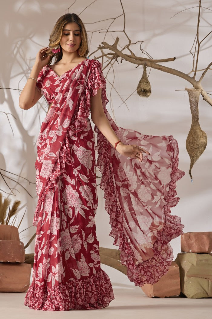 Gulmarg Rosé Ruffle Printed Saree Set