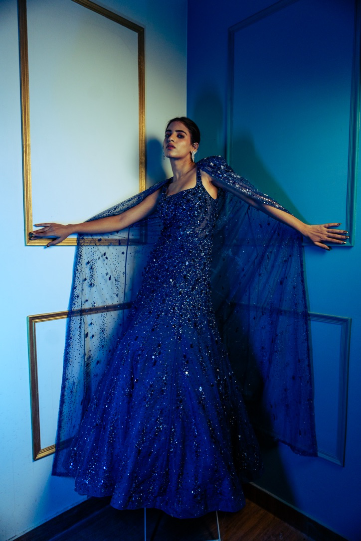 Nishabd Blue Embroidered Fishcut Gown with Cape set