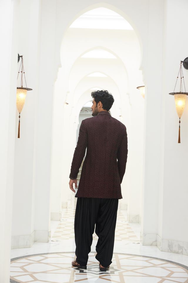 Burgundy Raw Silk EmbroideredShort Sherwani with Kurta and Salwar