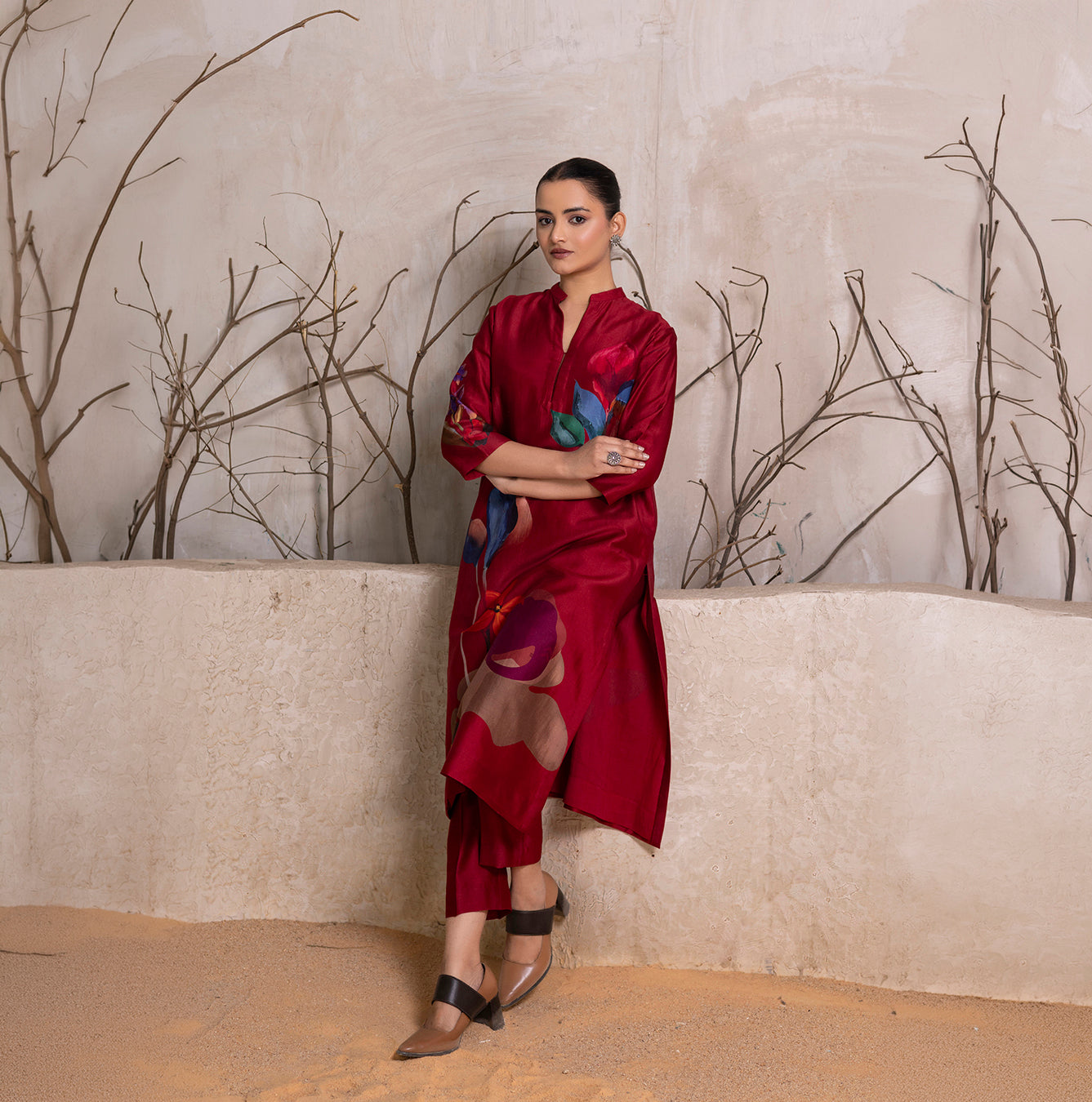 Red Silk Chanderi Printed Tunic (1 PC)