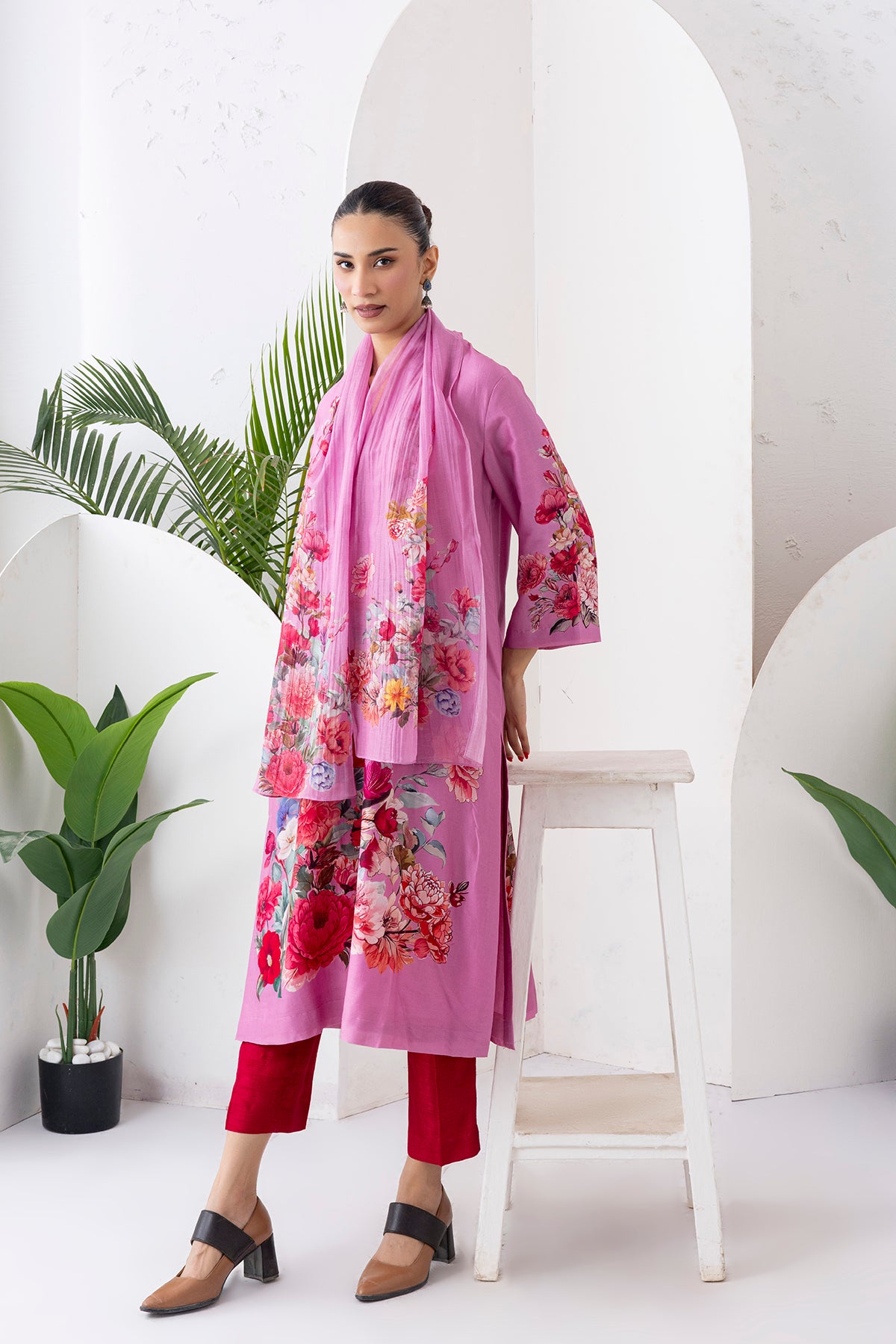 Salmon Pink Thin Chanderi Printed Stole (1 PC)