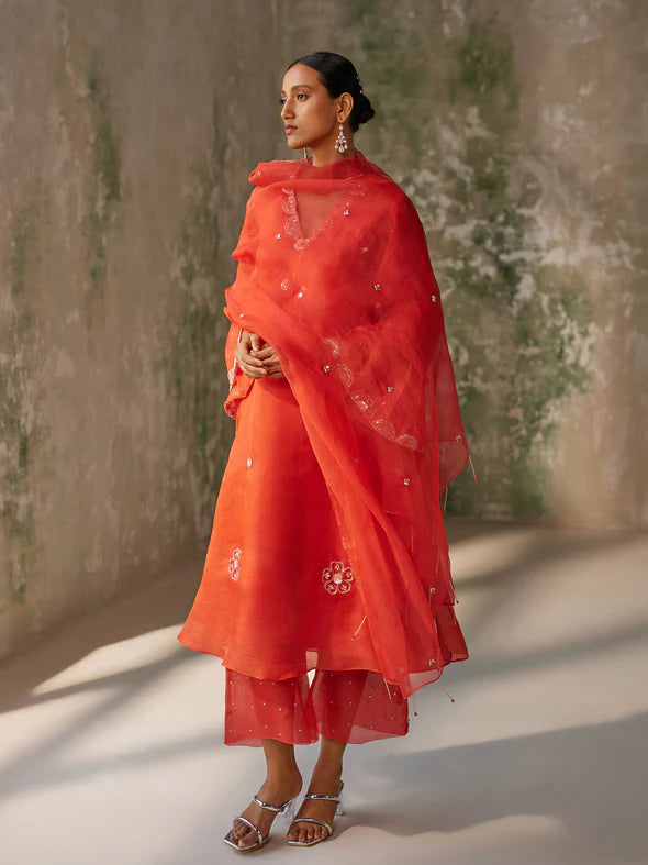ENIGMA RED SILK ORGANZA KURTA SET