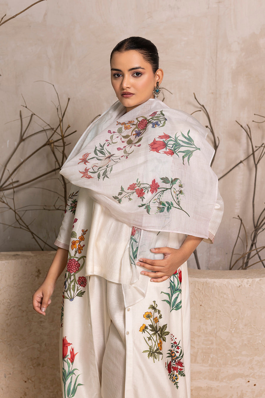 Ivory Silk Chanderi Floral Printed Front Open Dress (1 PC)