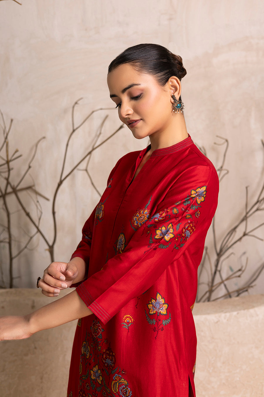Bright Red Silk Chanderi Printed Tunic (1 PC)