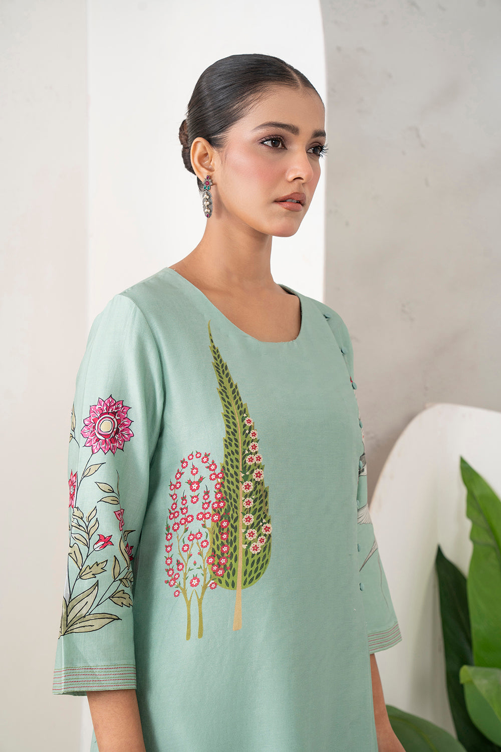 Mint Silk Chanderi Miniature Painting Inspired Printed Dress Set (2 PCS)