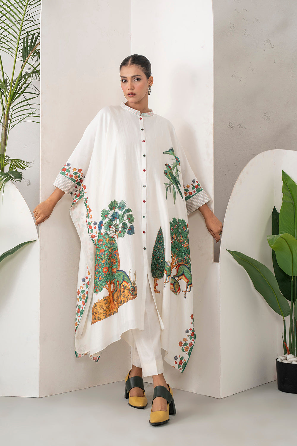 Ivory Silk Chanderi Folk Tale Printed Kaftan Set (3 PCS)