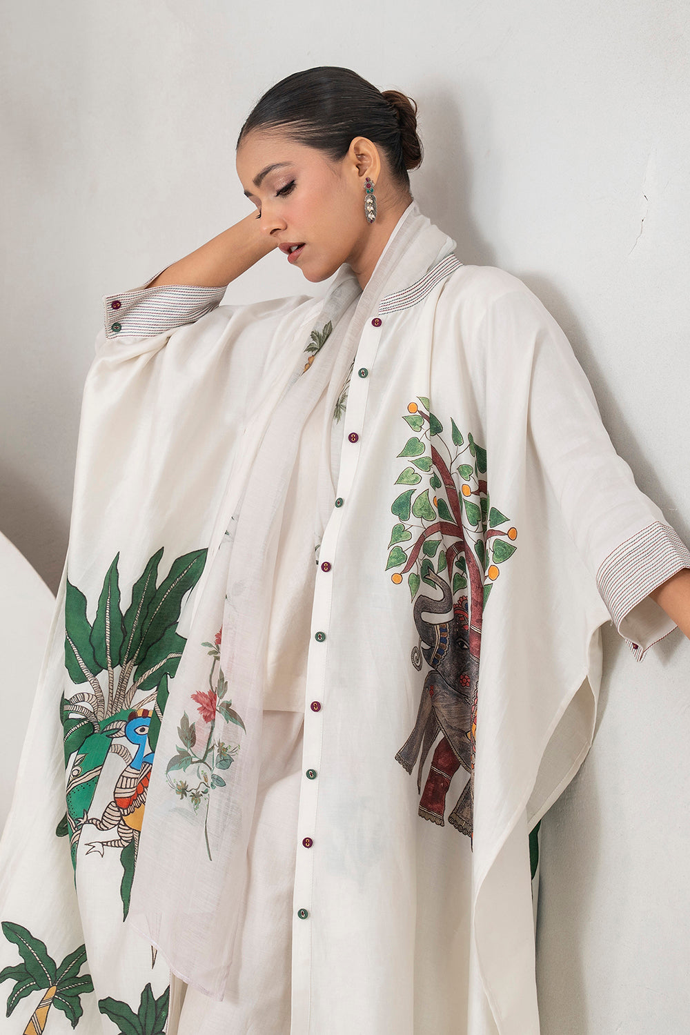 Ivory Silk Chanderi Elephant And Tropical Foliage Printed Kaftan Set (3 PCS)