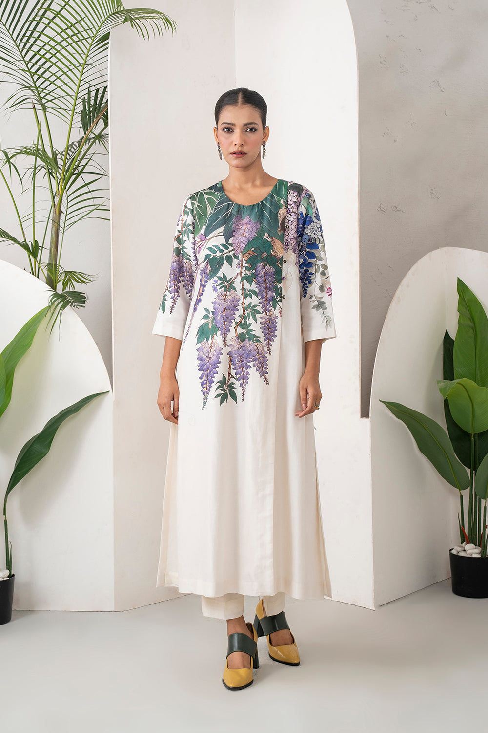 Ivory Silk Chanderi Side Panel Wisteria Printed Dress Set (2 PCS)