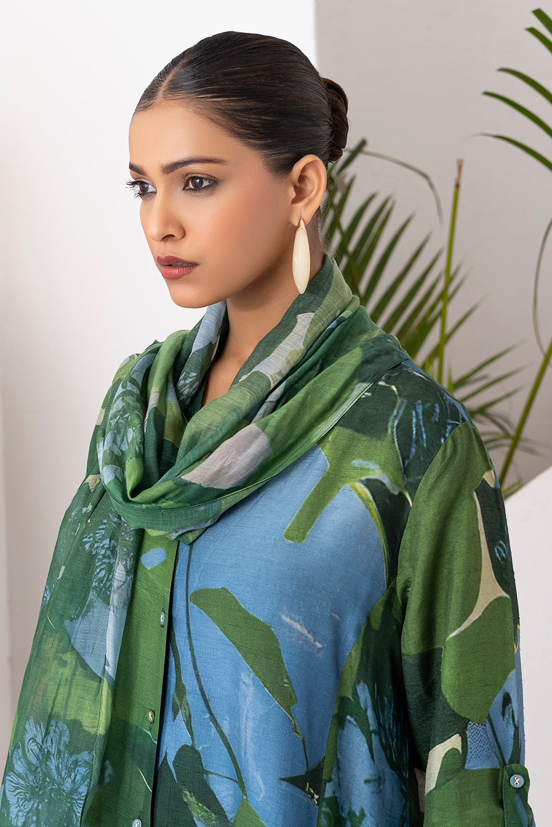 Green & Blue Viscose Dupion Printed Dress (1 PC)