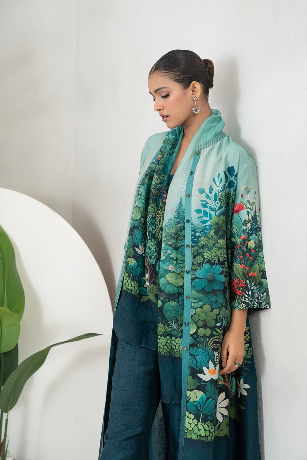 Blue Fades Gently From Mint To Midnight Silk Chanderi Hand-Painted Garden Printed Dress Set (3 PCS)