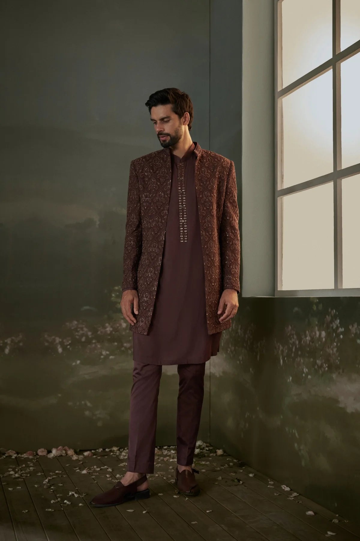 Brown Open Jacket Sherwani Set