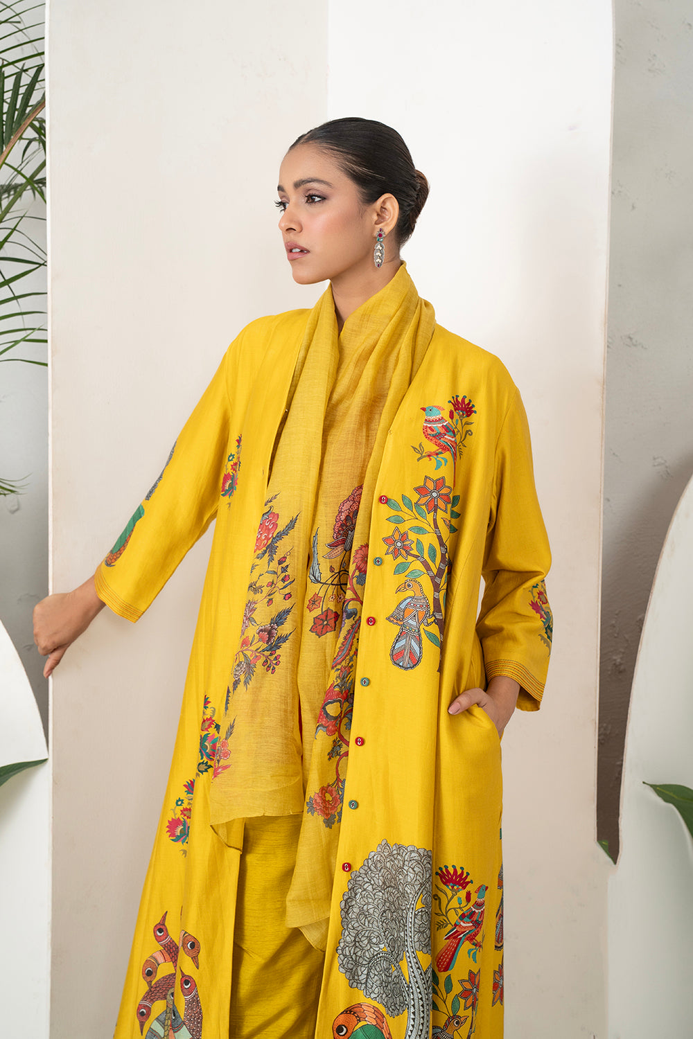 Yellow Silk Chanderi Front Open Striking Bird And Floral Printed Dress Set (3 PCS)