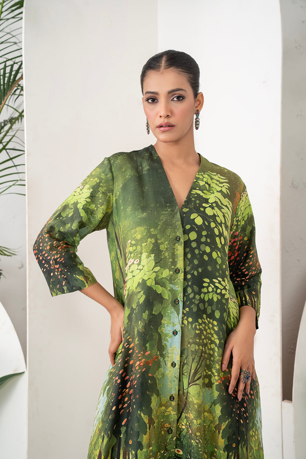 Shades Of Green Silk Chanderi Front Open Nature Inspired Printed Dress Set (2 PCS)