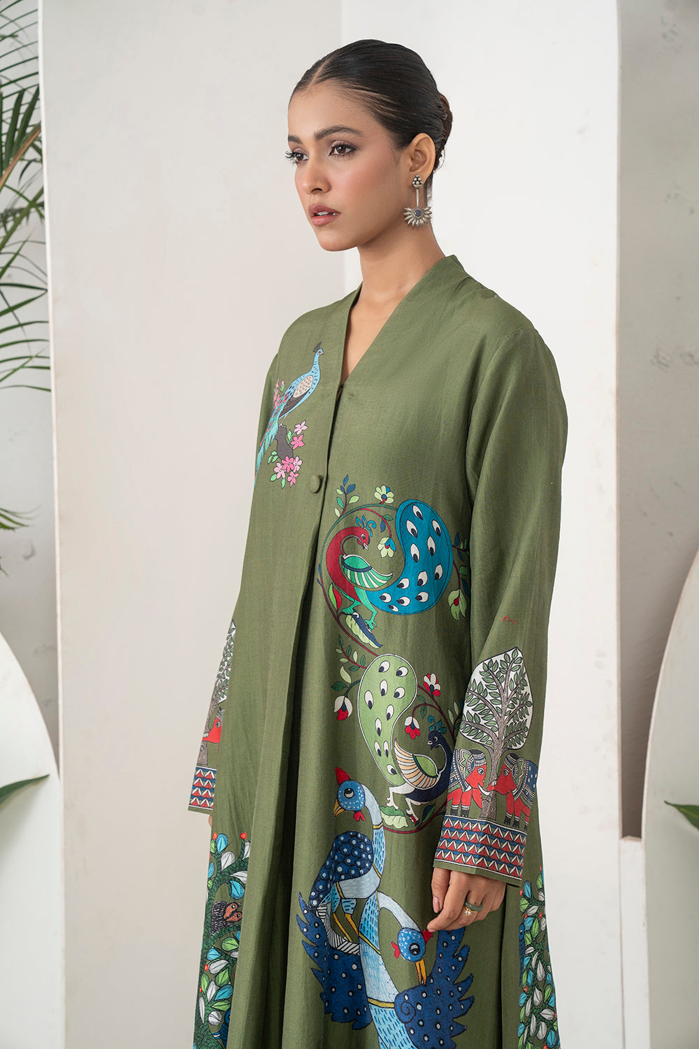 Leaf Green Silk Chanderi Front-Pleated Striking Peacock And Bird Printed Dress Set (2 PCS)