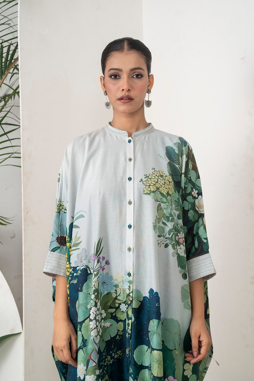 Ivory Silk Chanderi Vivid Garden Illustration Printed Kaftan Set (3 PCS)