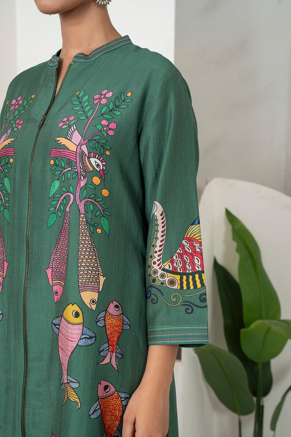 Emerald Silk Chanderi Peacocks And Fish Motifs Printed Dress Set (3 PCS)