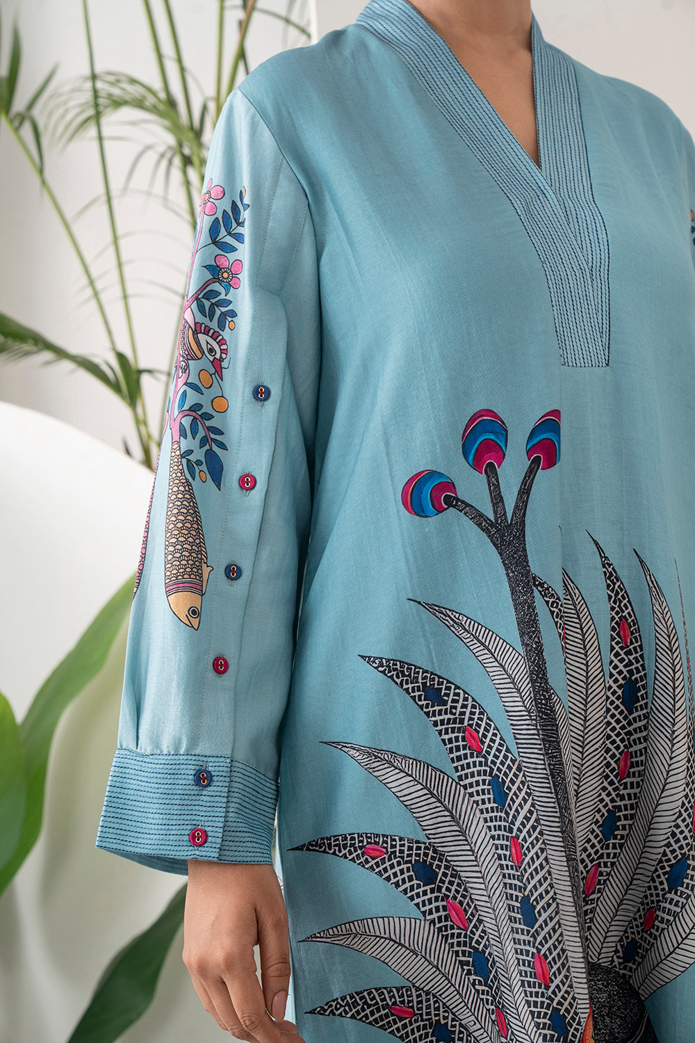 Sky Blue Silk Chanderi Striking Peacock Illustration Printed Tunic Set (2 PCS)