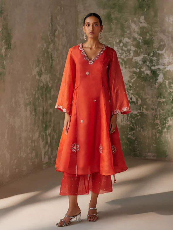 ENIGMA RED SILK ORGANZA KURTA SET