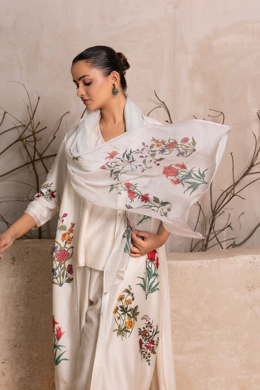 Ivory Silk Chanderi Floral Printed Front Open Dress (1 PC)
