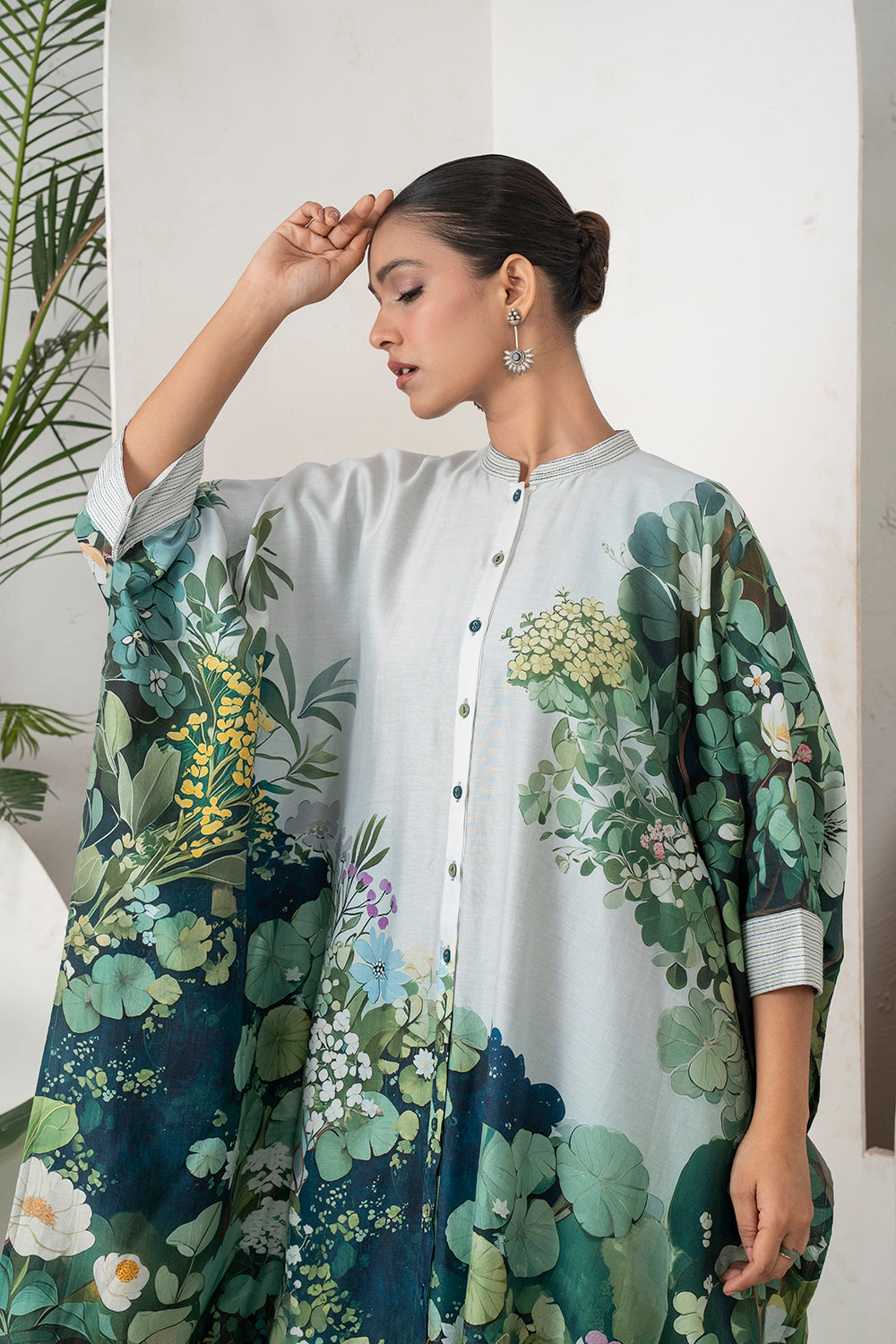 Ivory Silk Chanderi Vivid Garden Illustration Printed Kaftan Set (3 PCS)