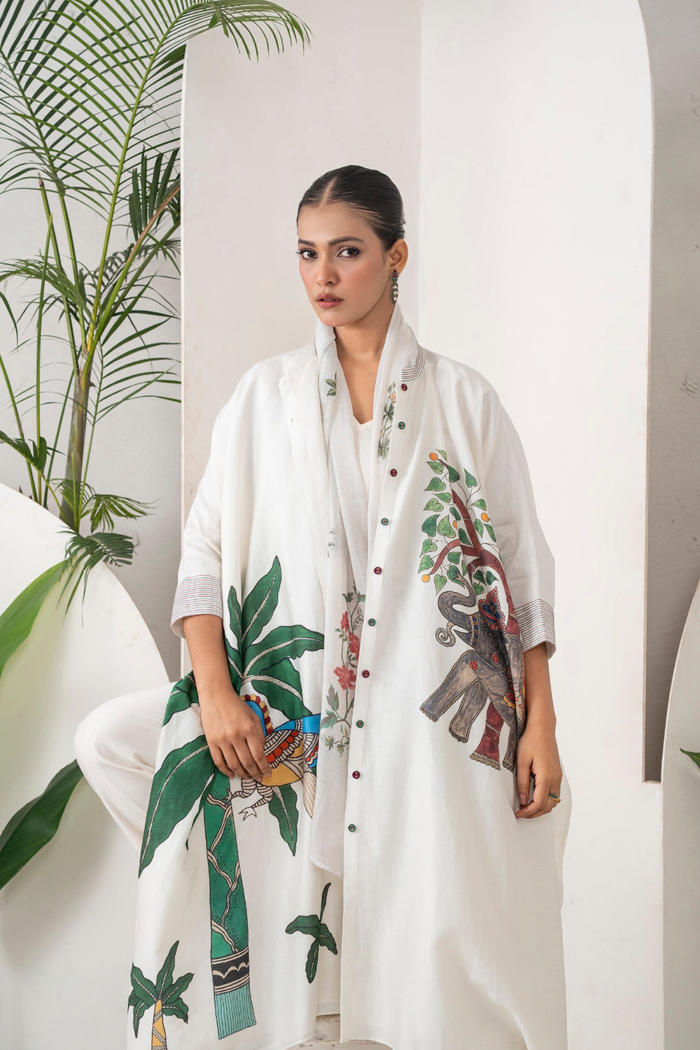 Ivory Silk Chanderi Elephant And Tropical Foliage Printed Kaftan Set (3 PCS)