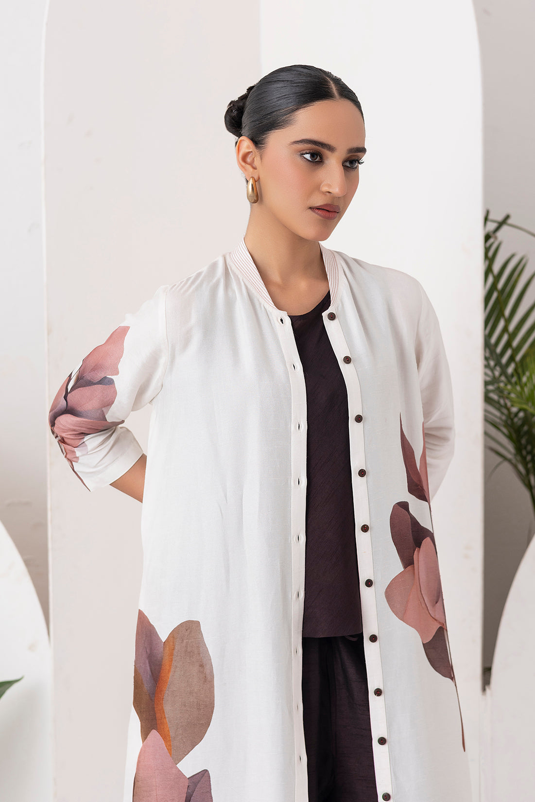 Ivory Viscose Dupion Leaf Printed Dress (1 PC)