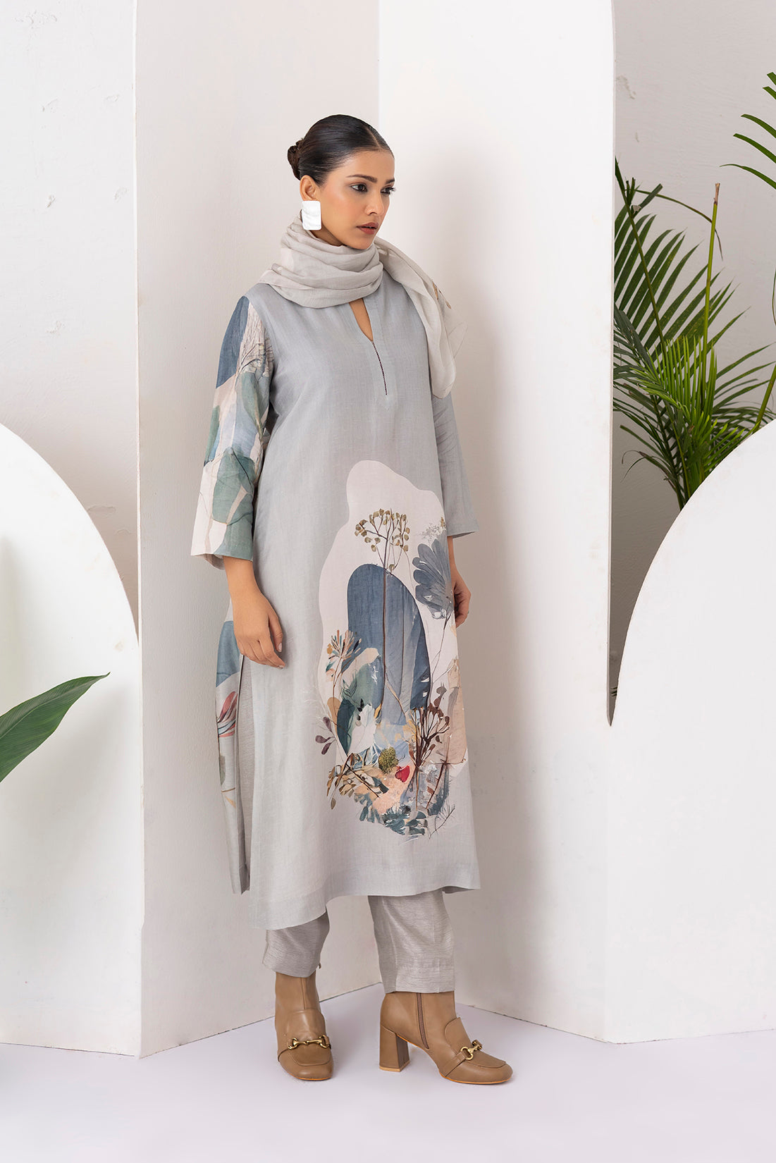 Grey Viscose Dupion Printed Tunic (1 PC)