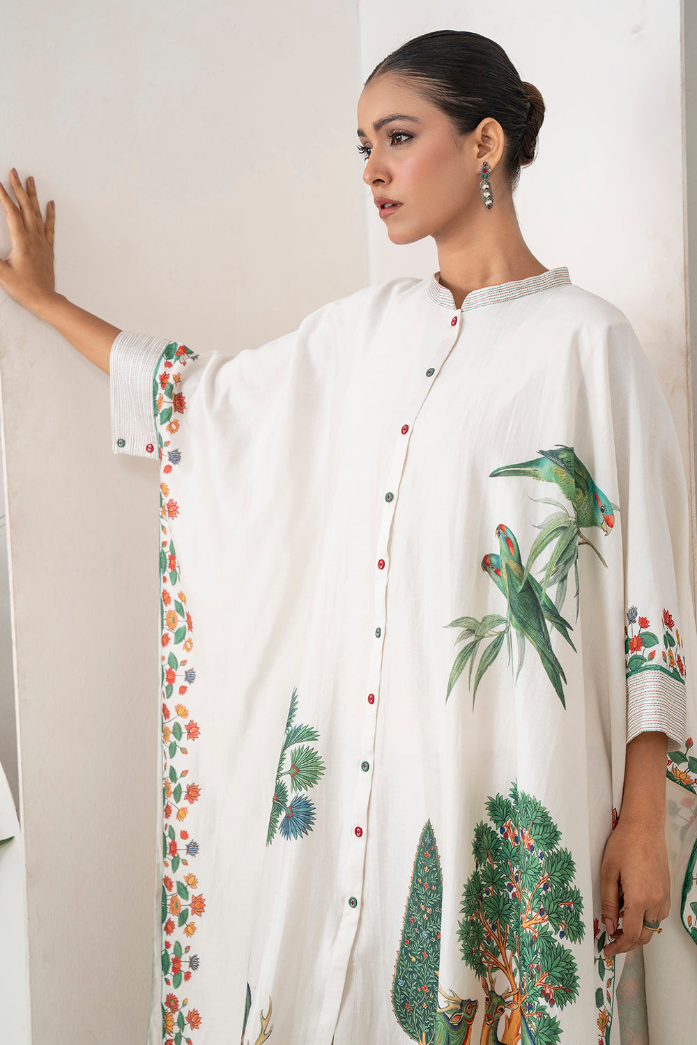 Ivory Silk Chanderi Folk Tale Printed Kaftan Set (3 PCS)