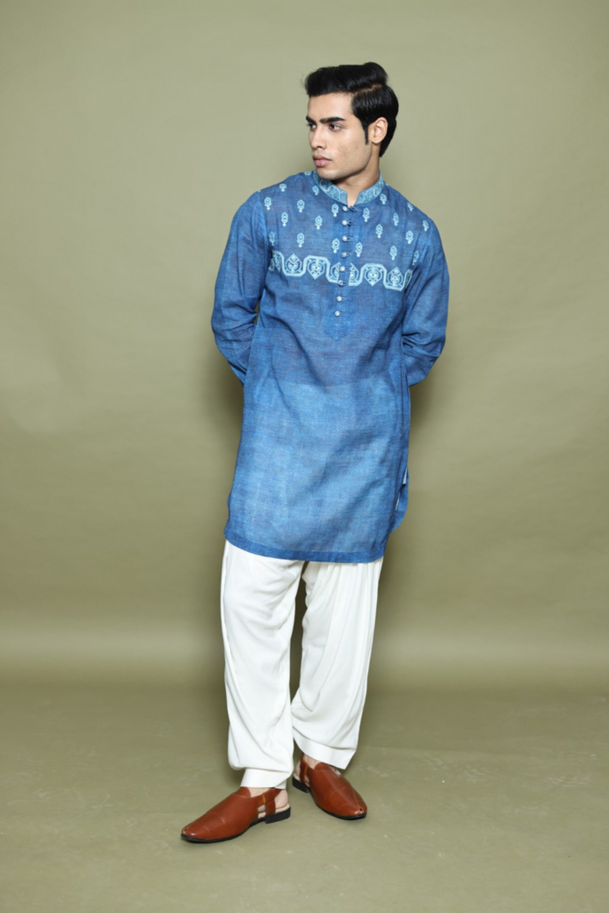 INDIGO PRINTED LINEN KURTA WITH SALWAR