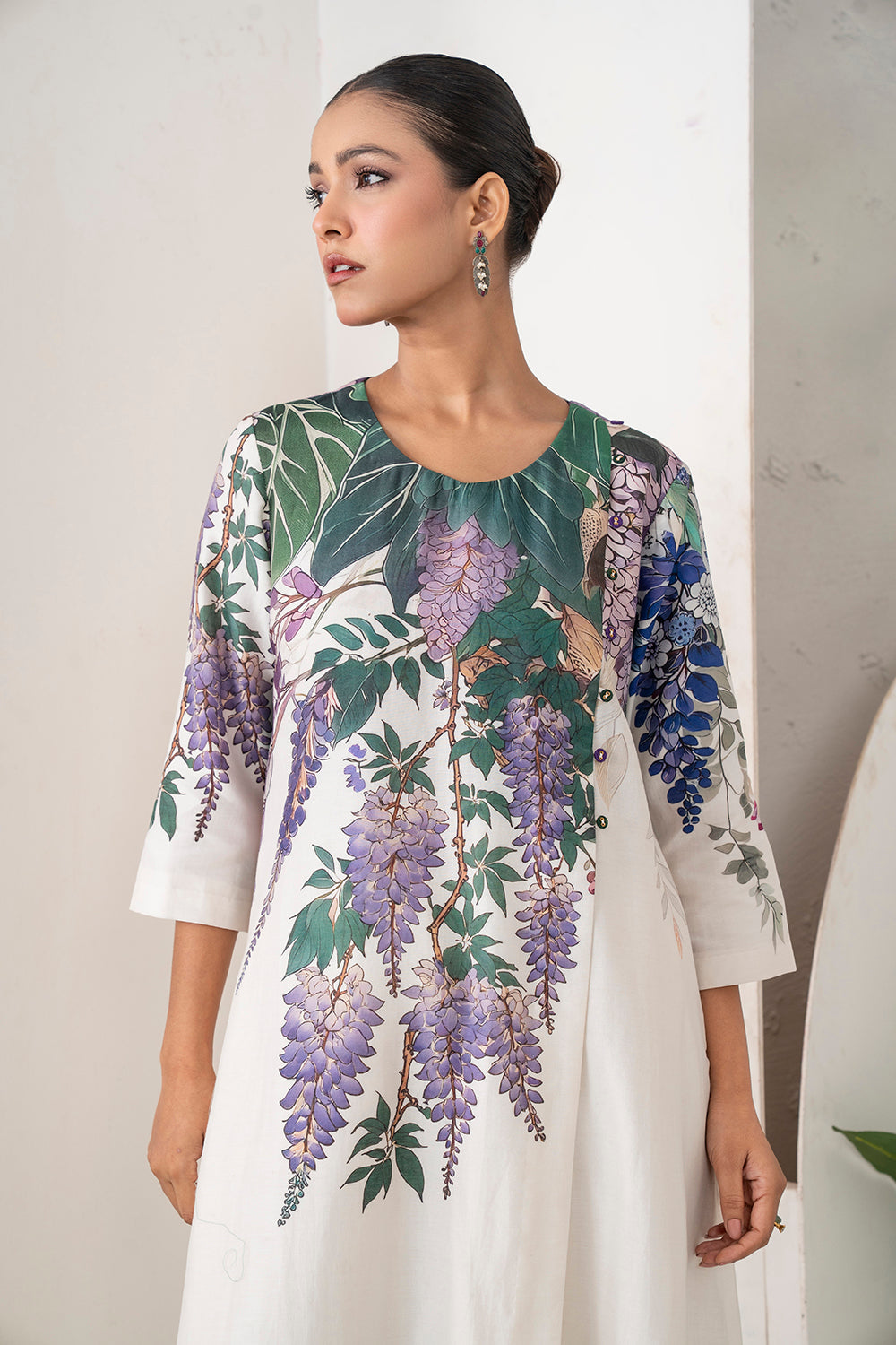 Ivory Silk Chanderi Side Panel Wisteria Printed Dress Set (2 PCS)