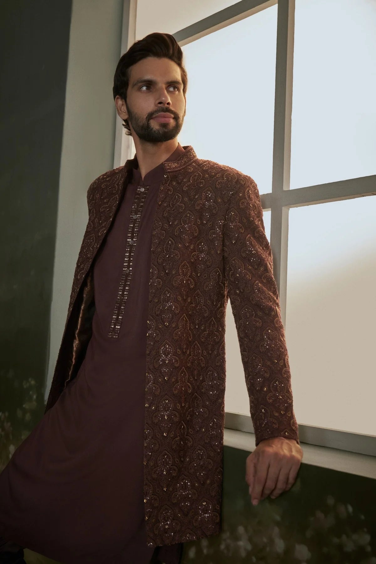 Brown Open Jacket Sherwani Set