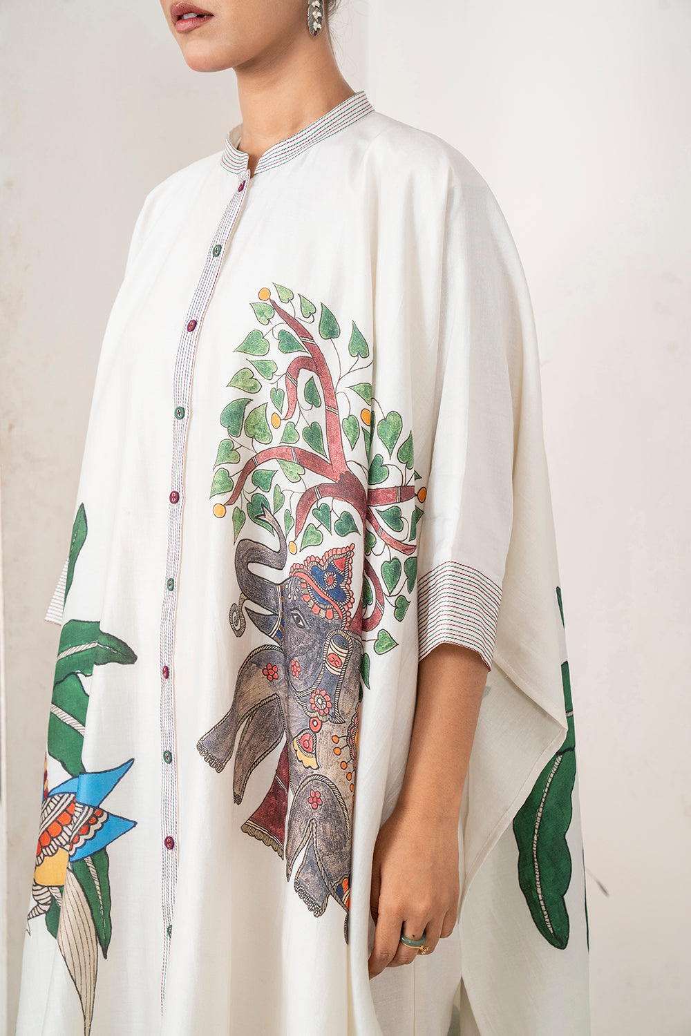Ivory Silk Chanderi Elephant And Tropical Foliage Printed Kaftan Set (3 PCS)