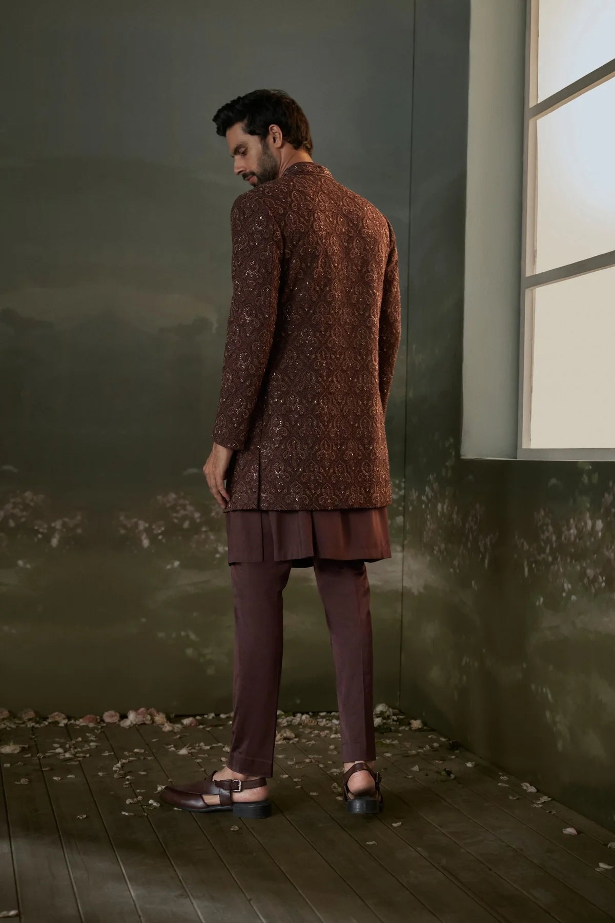 Brown Open Jacket Sherwani Set
