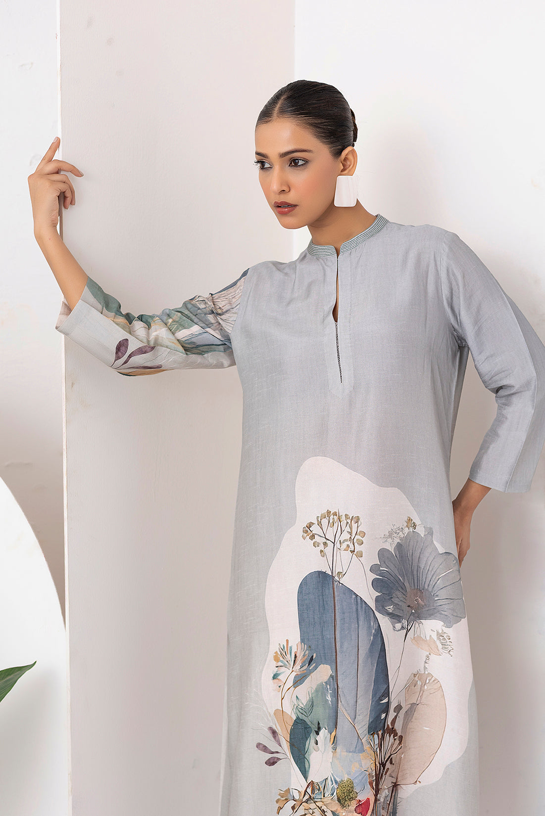 Grey Viscose Dupion Printed Tunic (1 PC)