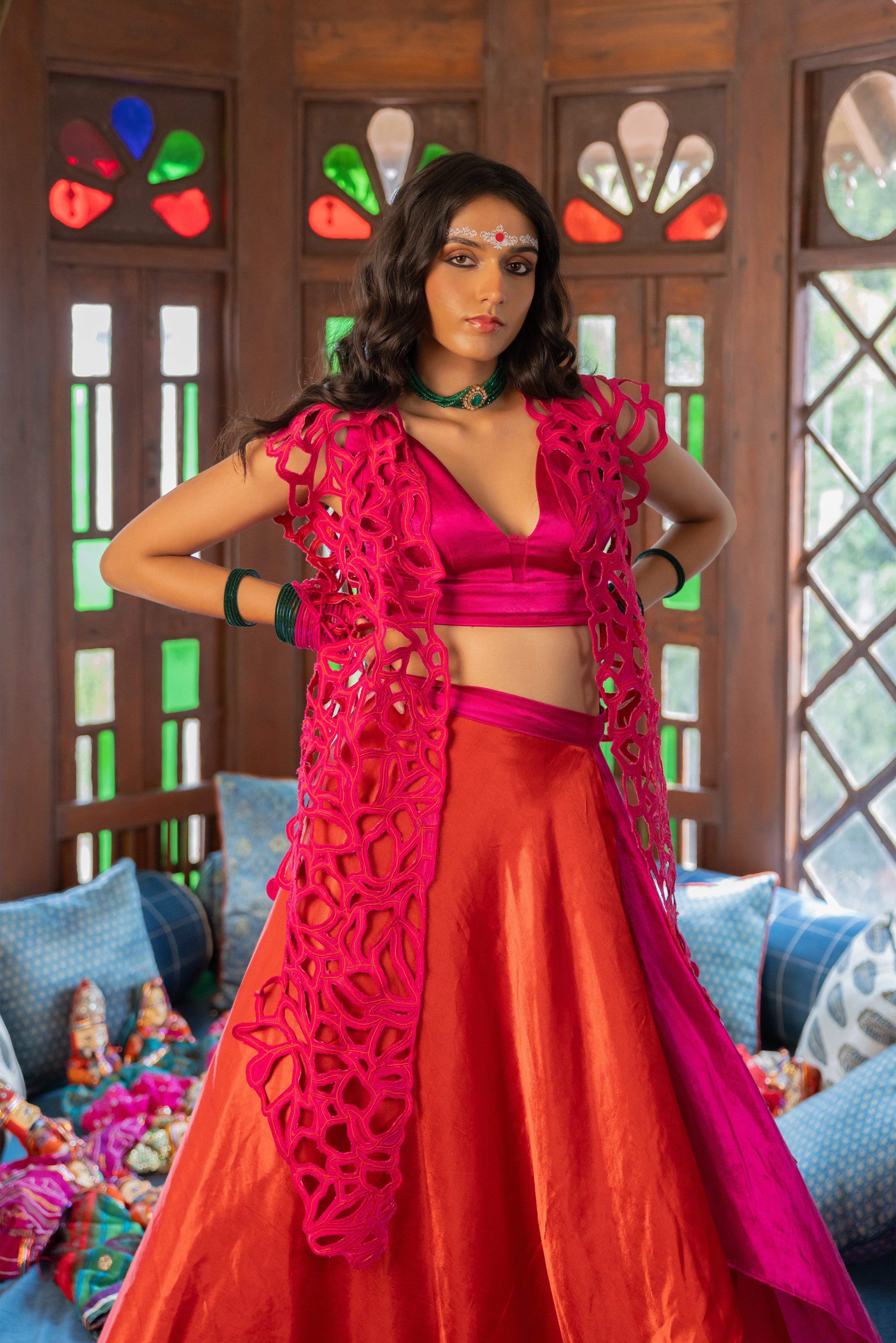 HOT PINK CUTOUT JACKET WITH DUAL COLOUR SKIRT (Cerise)