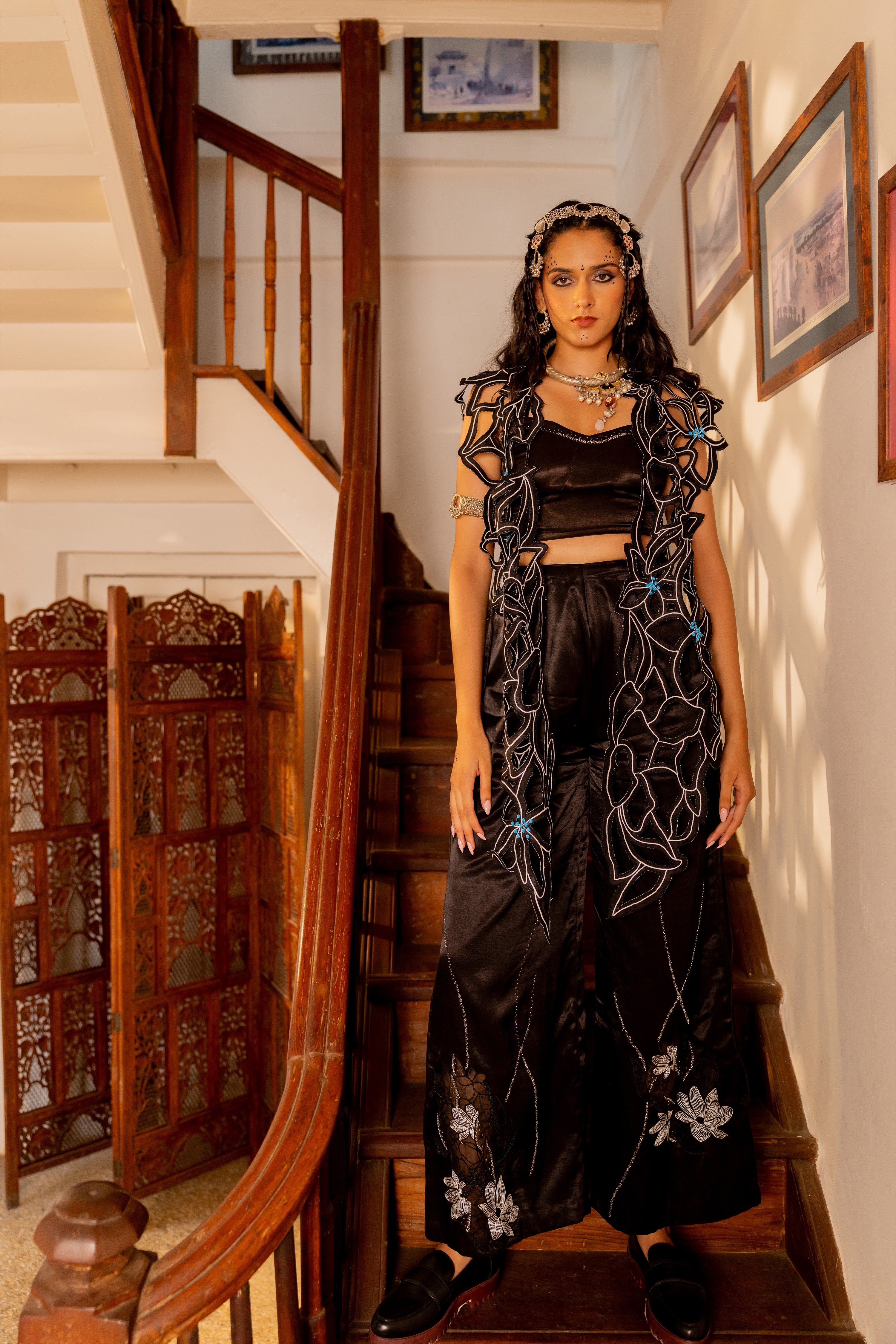 BLACK CUTOUT JACKET WITH BUSTIER AND PANTS (Diana)