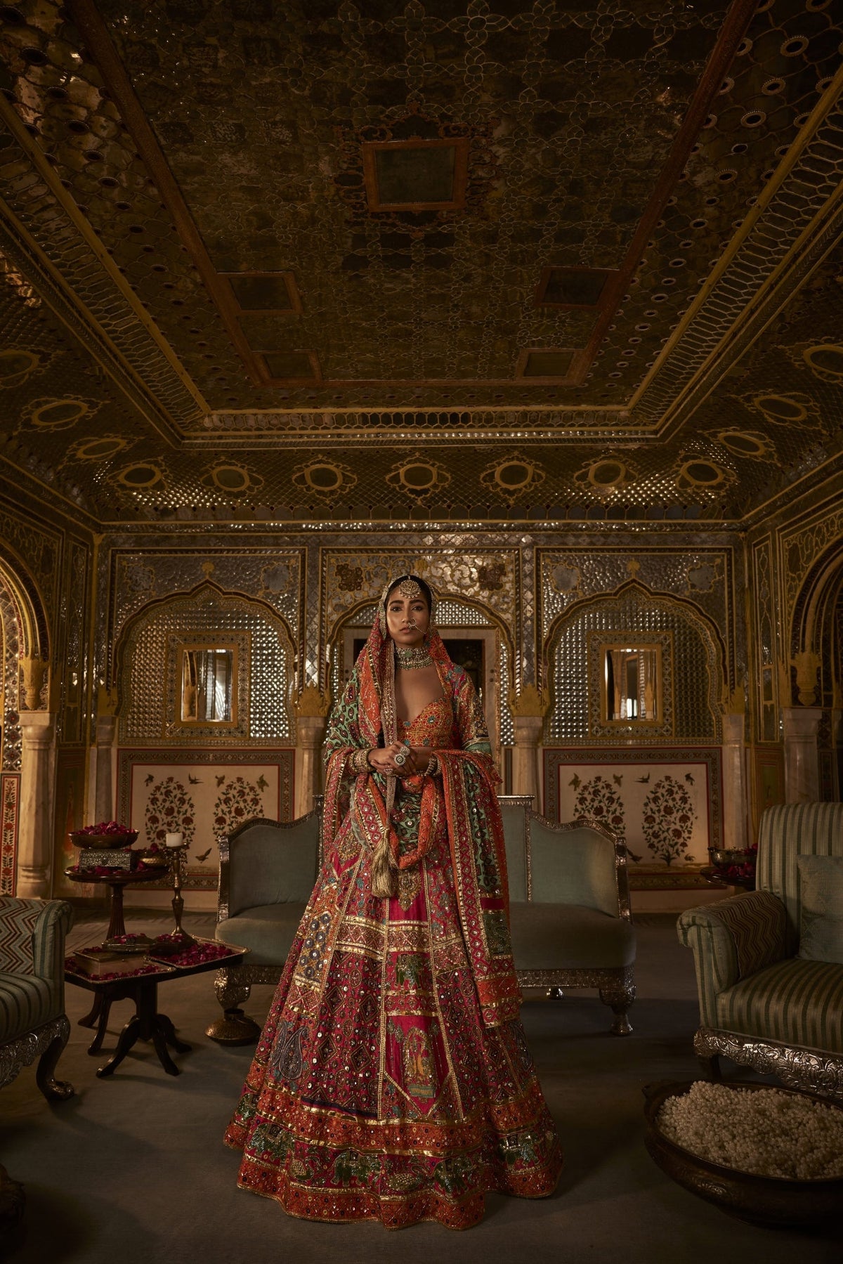 Multicolour Silk Lehenga Set With Animal Motifs