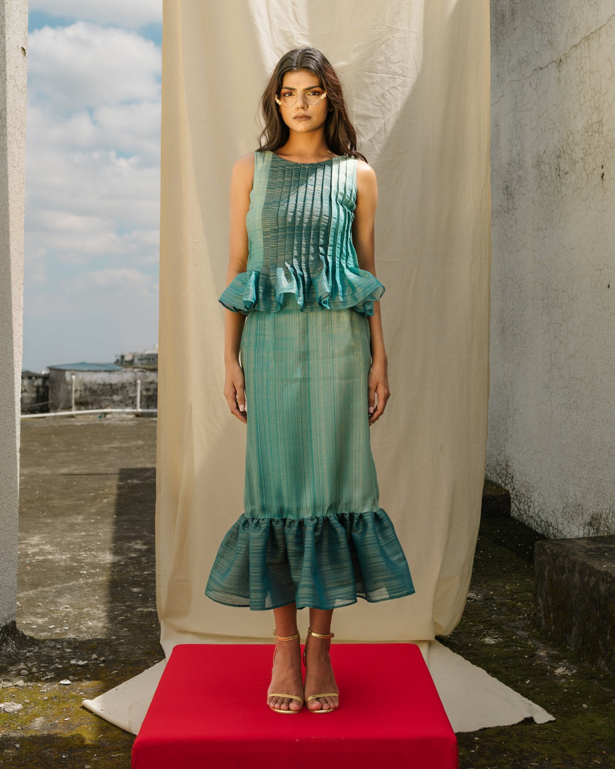 Ruffled Hem Skirt - Teal Silk