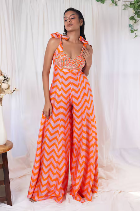 Orange chevron printed jumpsuit