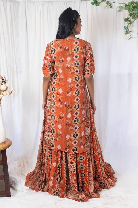 Coral kilim printed kurta with garara