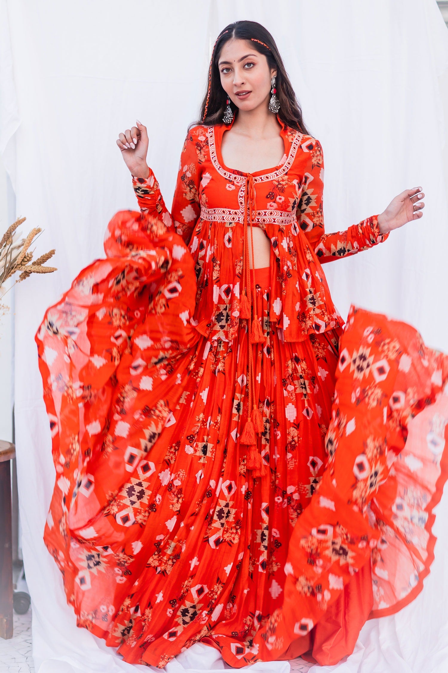 Orange chanderi kedia top with gathered lehenga