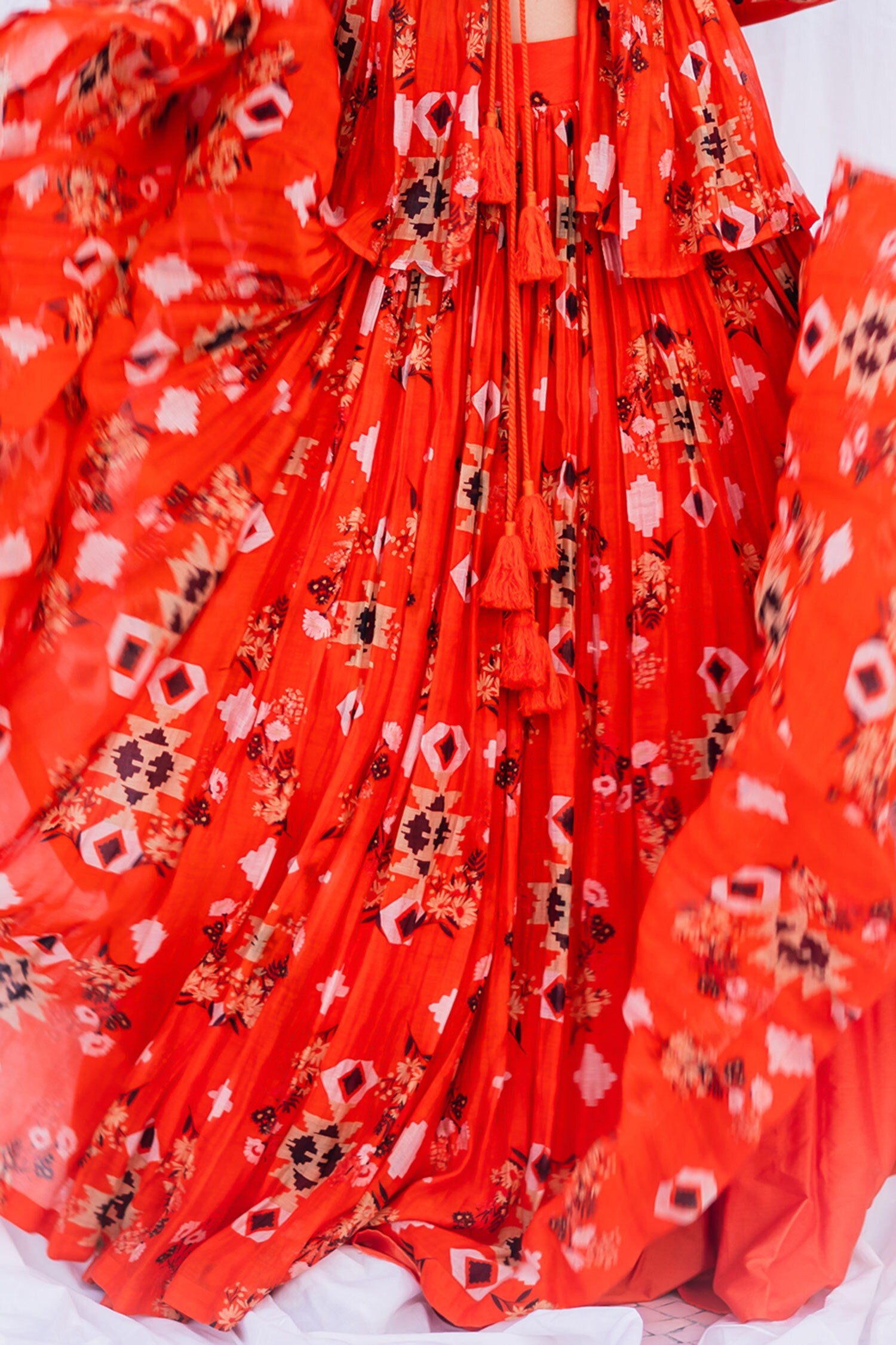 Orange chanderi kedia top with gathered lehenga