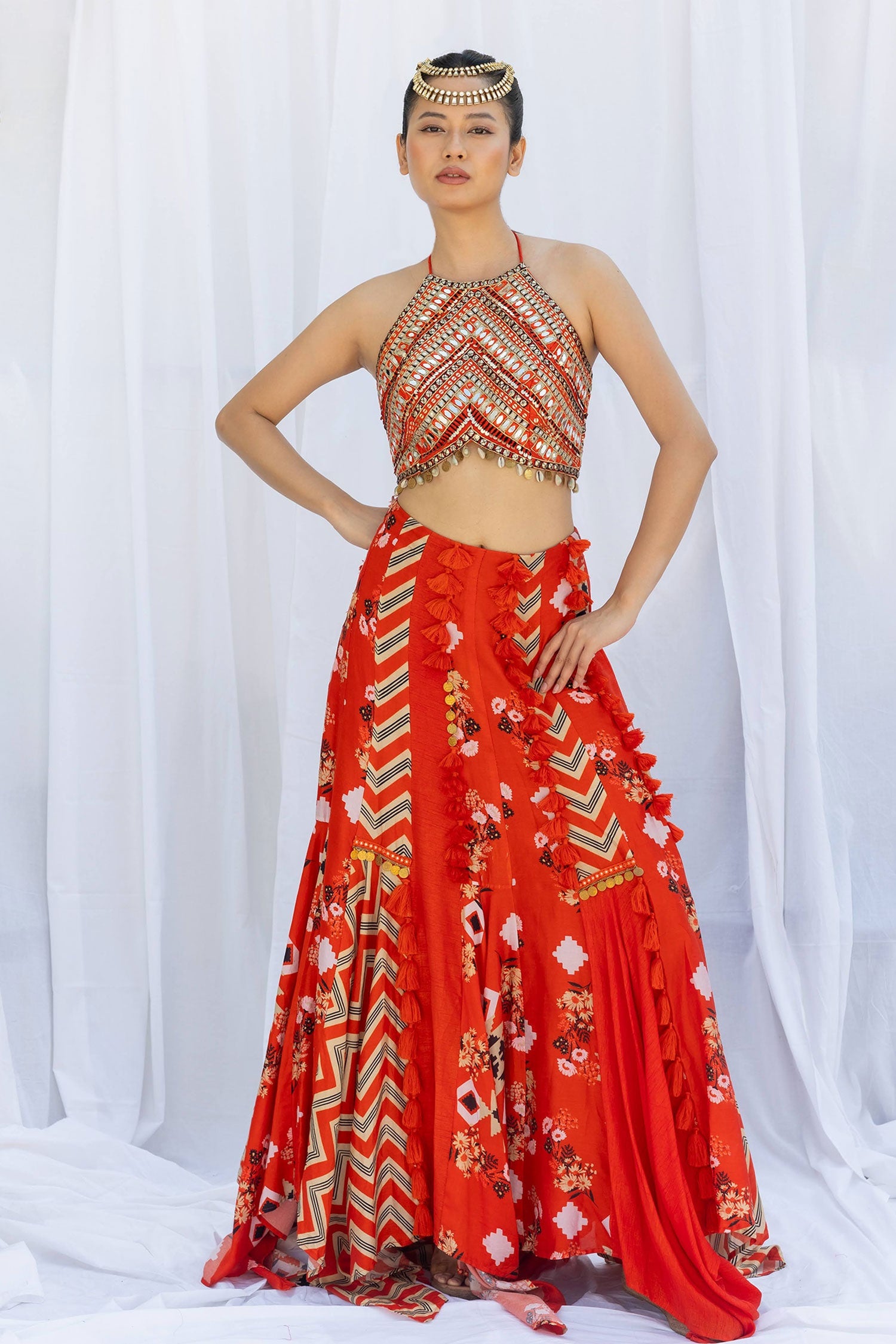 Sunburnt patchwork skirt with embroidered choli