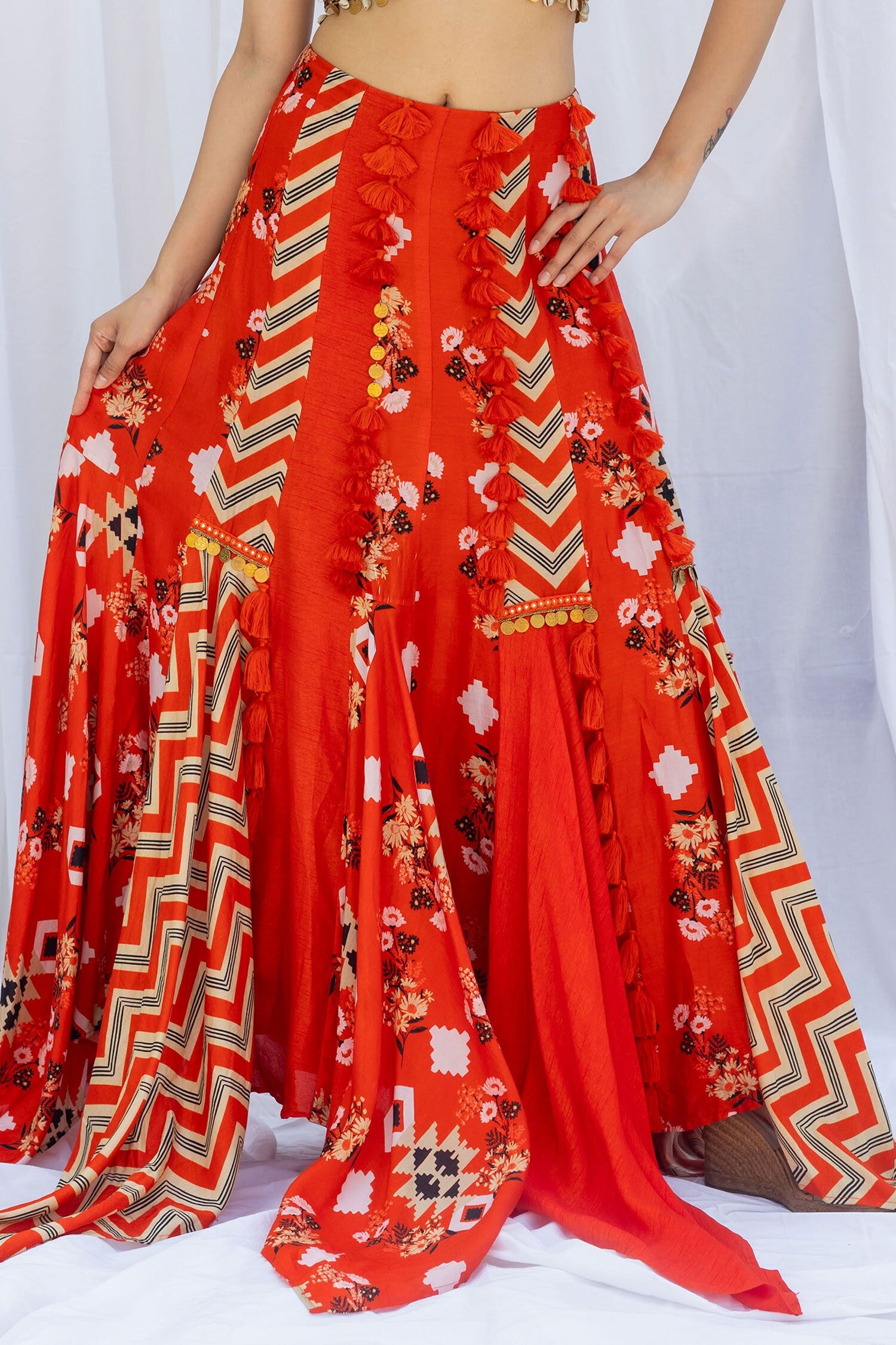 Sunburnt patchwork skirt with embroidered choli