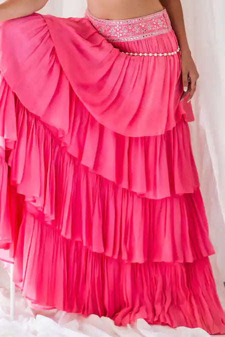 Pink layered Lehenga with Embroidered belt