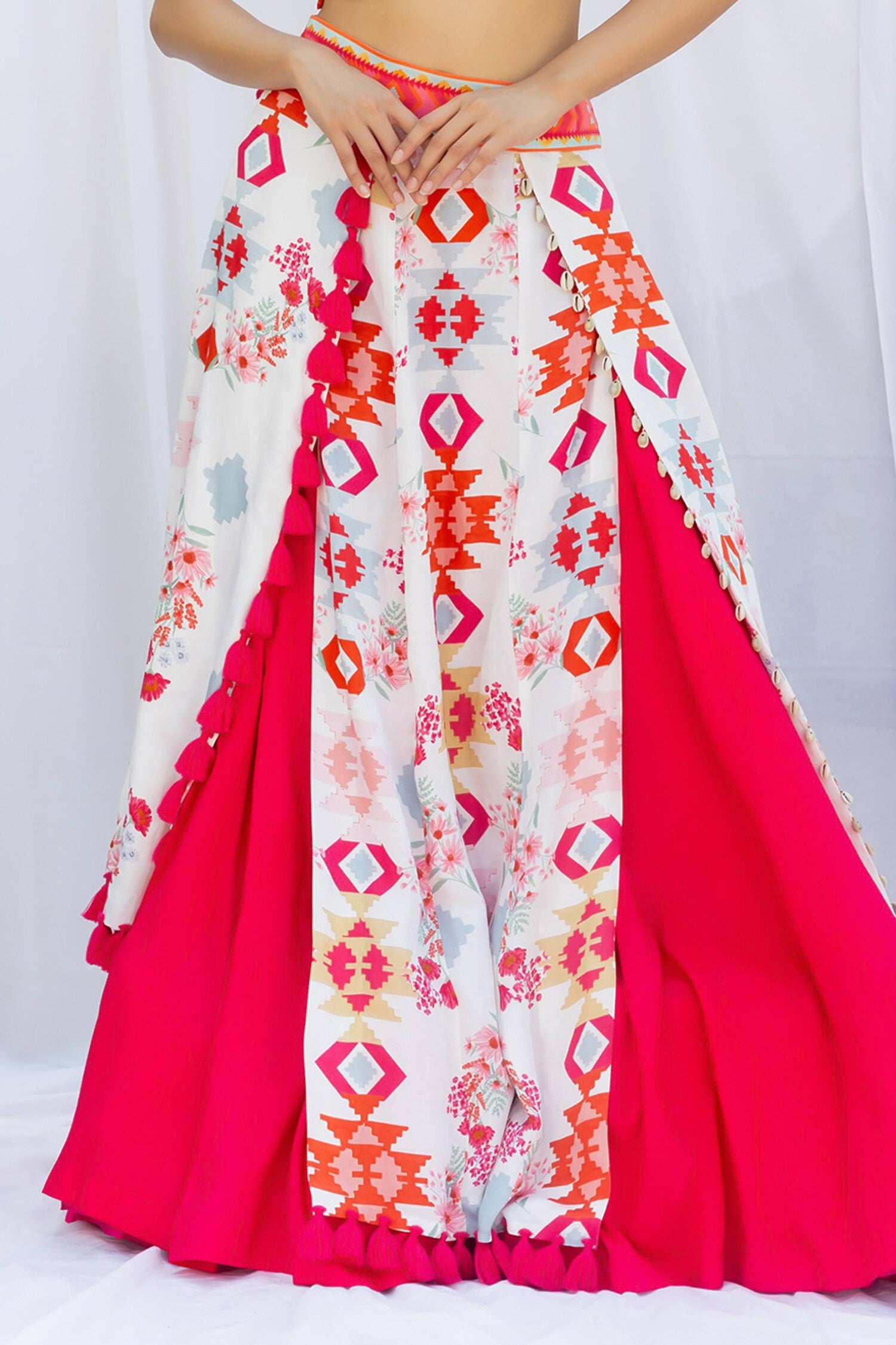 Fuchsia pink lehengas set with white kilim printed panels