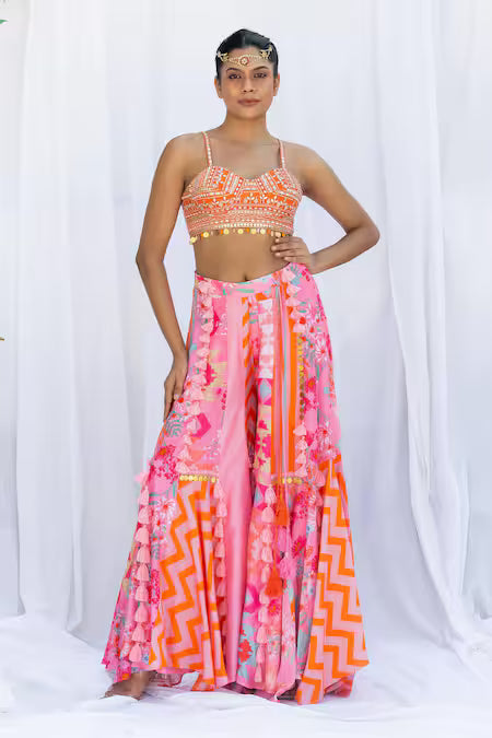 Pink patchwork palazzo with mirror work bustier